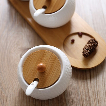 Ceramic Condiment Storage Jar Bamboo Tray