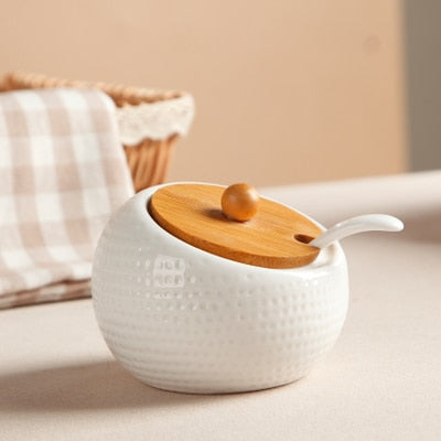 Ceramic Condiment Storage Jar Bamboo Tray