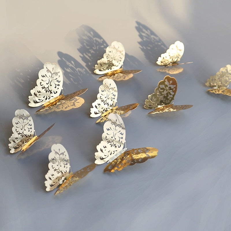 12Pcs/Set Hollow 3D Butterfly Wall Stickers For Home Decor Gold Silver Butterflies Decals