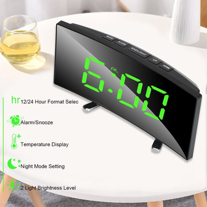 7 Inch Curved Dimmable Mirror LED Digital Alarm Clock (Multi Styles/Colors)