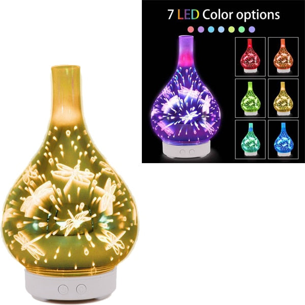 3D Firework Glass Vase Shape Air Humidifier with 7 Color Led Light Aroma Essential Oil Diffuser Mist Maker Ultrasonic (Multi Colors)