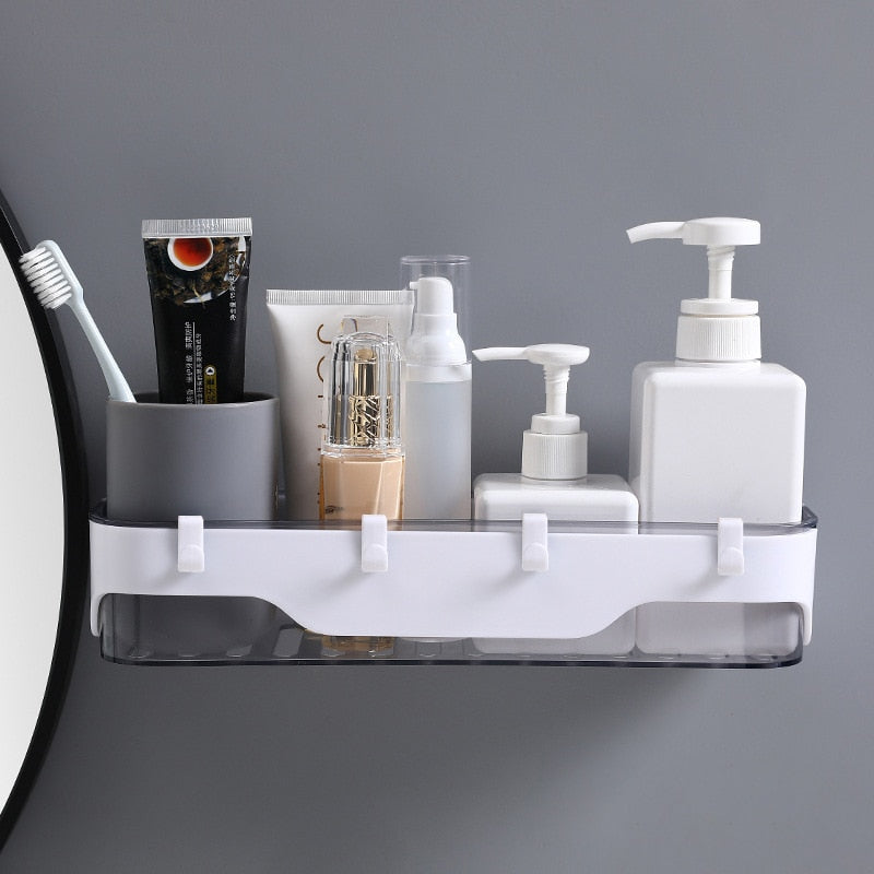 Wall-mounted Storage Rack Bathroom Shelf  For Kitchen With Hooks Storage Bathroom Accessories Without Drill Plastic Container