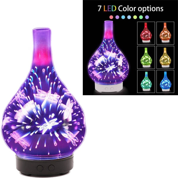 3D Firework Glass Vase Shape Air Humidifier with 7 Color Led Light Aroma Essential Oil Diffuser Mist Maker Ultrasonic (Multi Colors)