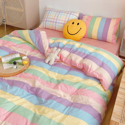 Kawaii Fashion Rainbow Bedding Set 100% Cotton Flat Bed Sheet And Pillowcases Luxury Korean Style Princess Twin Full Queen King