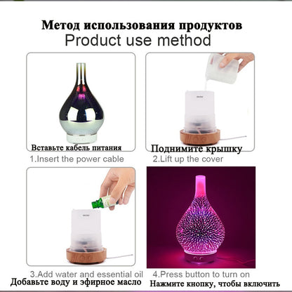 3D Firework Glass Vase Shape Air Humidifier with 7 Color Led Light Aroma Essential Oil Diffuser Mist Maker Ultrasonic (Multi Colors)