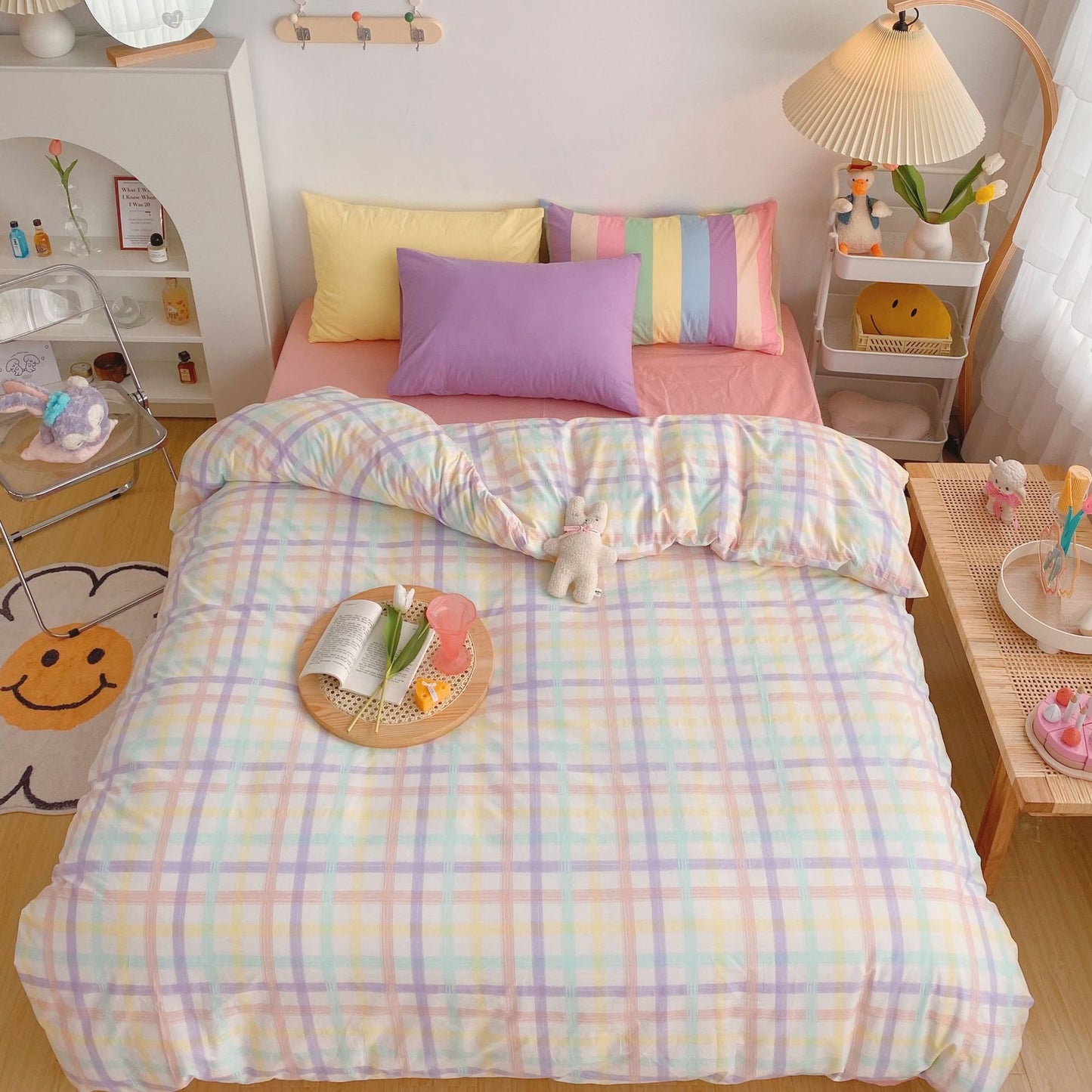 Kawaii Fashion Rainbow Bedding Set 100% Cotton Flat Bed Sheet And Pillowcases Luxury Korean Style Princess Twin Full Queen King