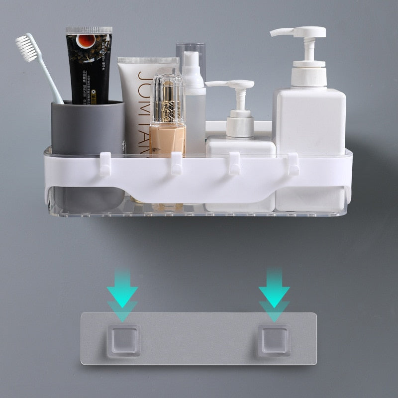 Wall-mounted Storage Rack Bathroom Shelf  For Kitchen With Hooks Storage Bathroom Accessories Without Drill Plastic Container