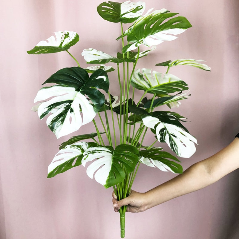 75cm 24Fork Fake Plants Large Artificial Monstera Tree Branch Plastic Tropical Palm False Turtle Leaf For Home Garden Room Decor