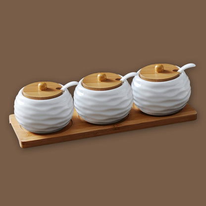 Ceramic Condiment Storage Jar Bamboo Tray