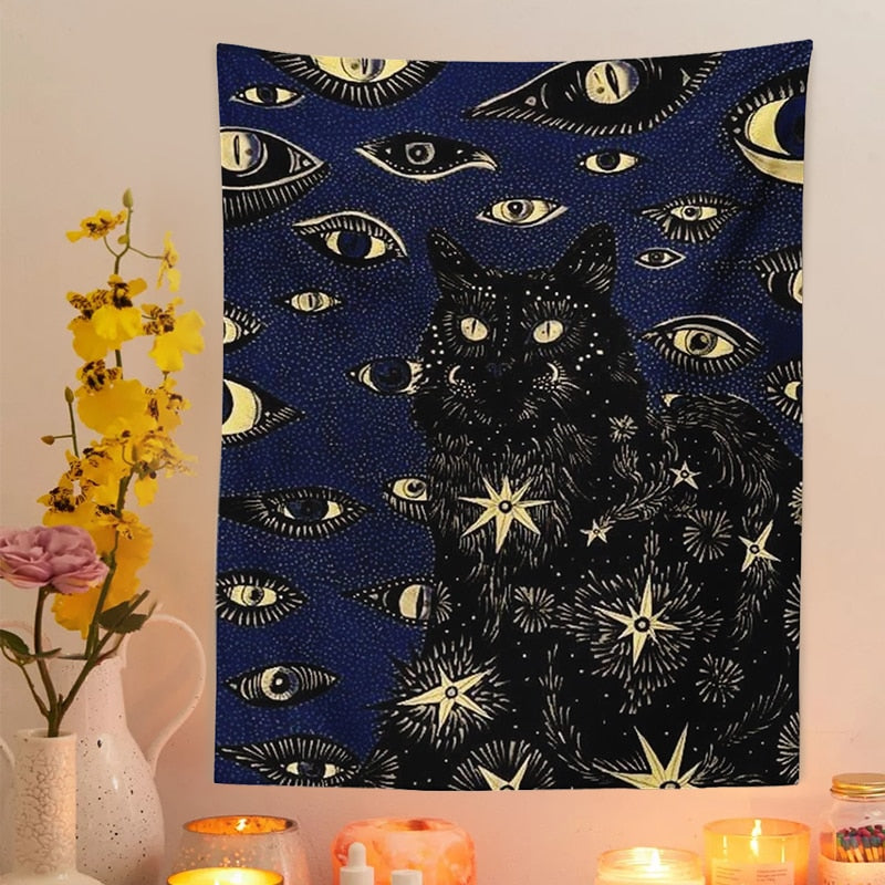 Cat Coven Tapestry Printed Witchcraft Hippie Wall Hanging Bohemian Wall Tapestry Mandala Wall Art Aesthetic Room Decor Decor