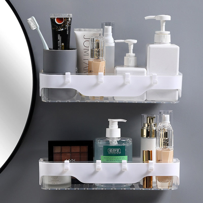 Wall-mounted Storage Rack Bathroom Shelf  For Kitchen With Hooks Storage Bathroom Accessories Without Drill Plastic Container