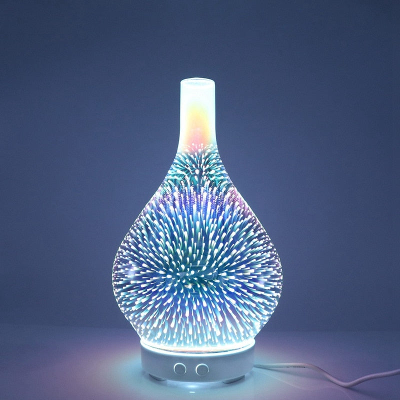 3D Firework Glass Vase Shape Air Humidifier with 7 Color Led Light Aroma Essential Oil Diffuser Mist Maker Ultrasonic (Multi Colors)