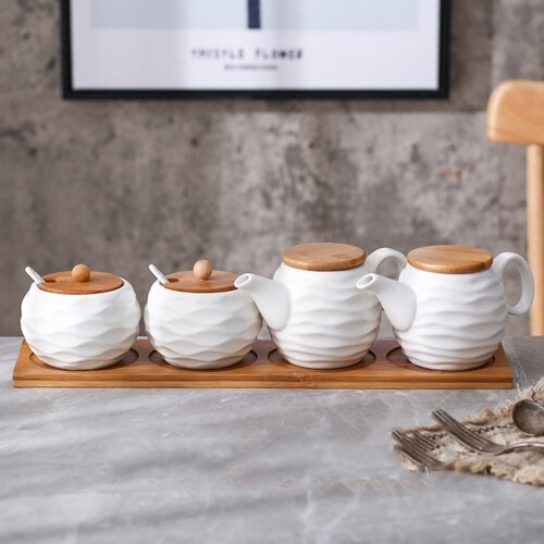 Ceramic Condiment Storage Jar Bamboo Tray