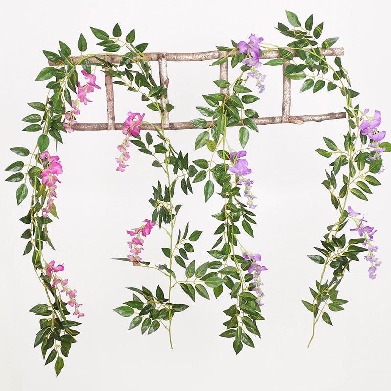 Wisteria Artificial Flower Vine Ivy Leaf Garland Silk Rose Flowers Rattan String Vine Arch Flower Home Garden Decoration