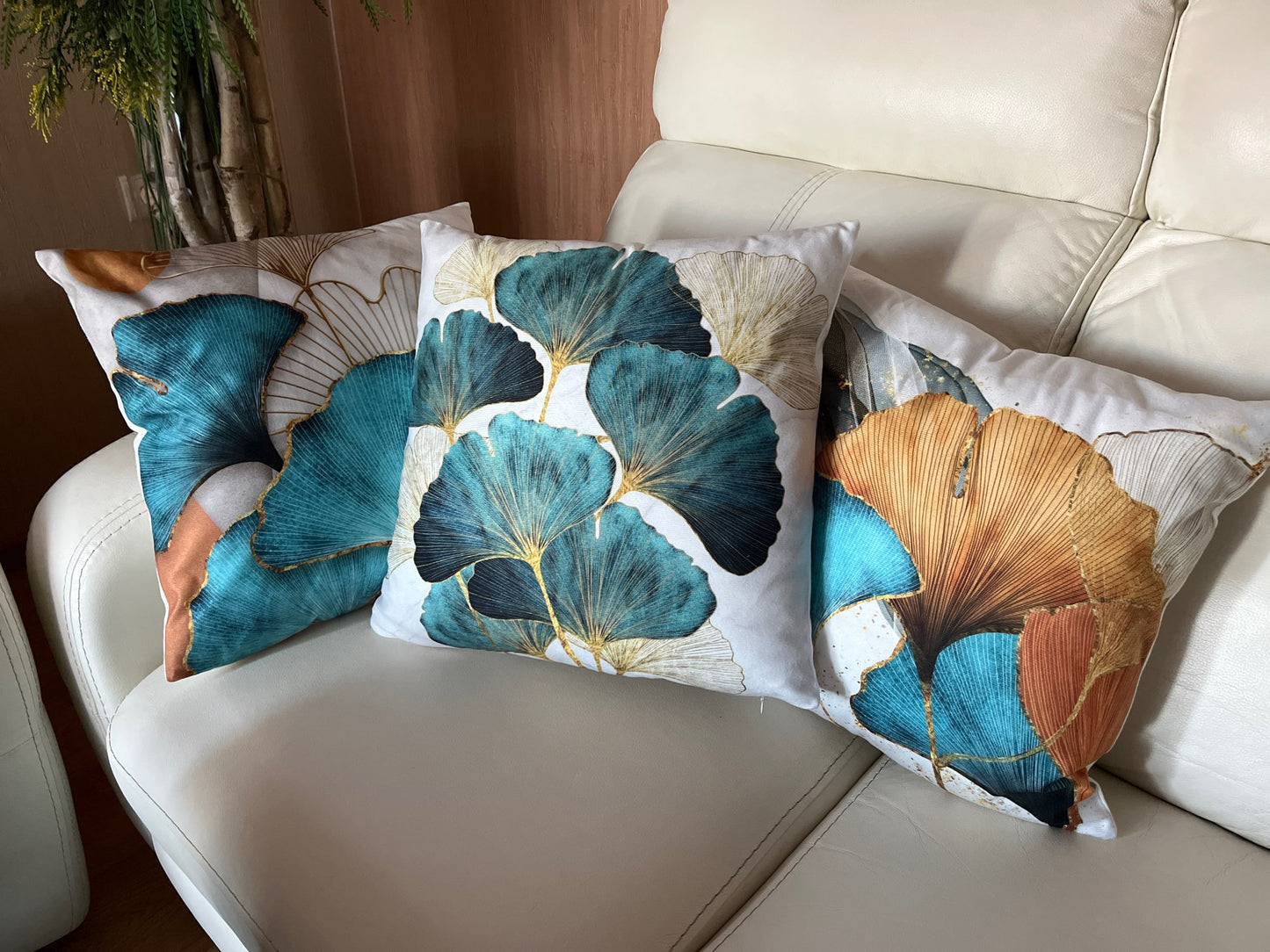 Ginkgo Leaf Print Linen Cushion Covers Morden Couch Square Pillows Cases (Multi Colors)