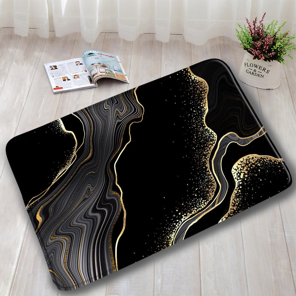 Black Marble Bath Mats 3pcs Sets Gold Grey Lines Creative Abstract Geometric Art Home Bathroom Door Rug Anti-Slip Toilet Lid Mat