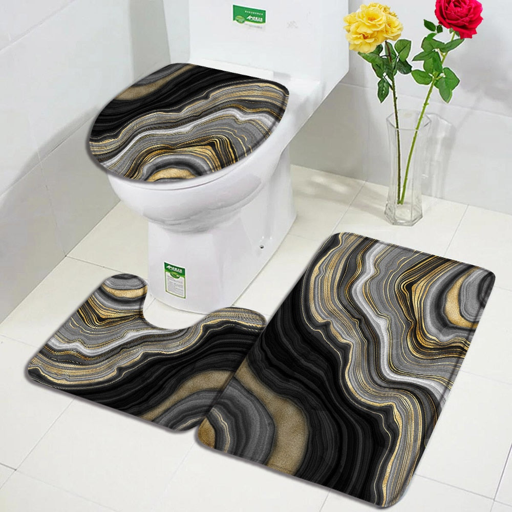 Black Marble Bath Mats 3pcs Sets Gold Grey Lines Creative Abstract Geometric Art Home Bathroom Door Rug Anti-Slip Toilet Lid Mat