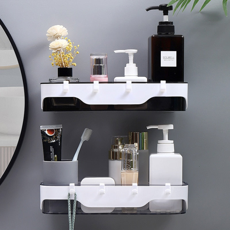 Wall-mounted Storage Rack Bathroom Shelf  For Kitchen With Hooks Storage Bathroom Accessories Without Drill Plastic Container