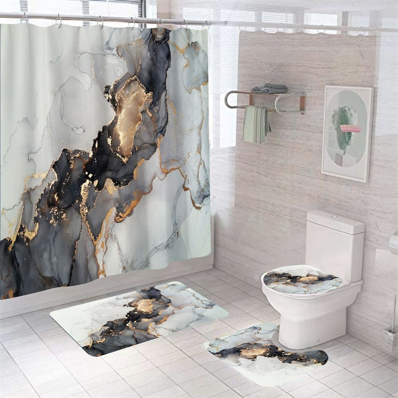 Luxury 3D Marble Shower Curtain, Rug, Toilet Set Polyester Fabric Waterproof Set