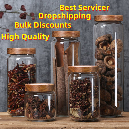 Wood Lid Glass Airtight Canister Kitchen Storage Bottles Jar Sealed Food Container Tea Coffee Beans Grains Candy Jars Organizer