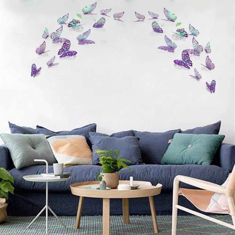 3D Purple Blue Butterflies Wall Stickers Hollow Butterfly Home Wall Fridge Decor DIY Art Mural Room Decor,12Pcs