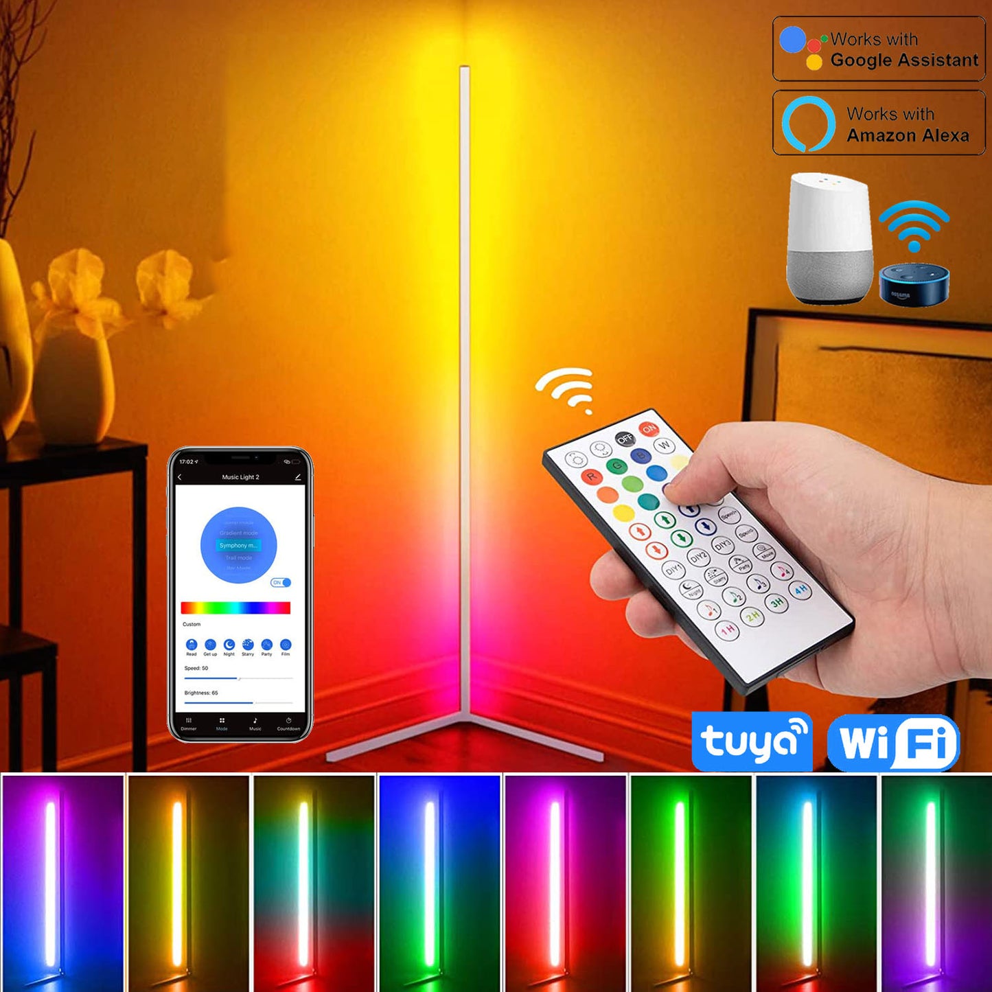 59 inch Dimmable Control Corner Floor Standing Lamps Remote LED RGB Light (Multi Size)