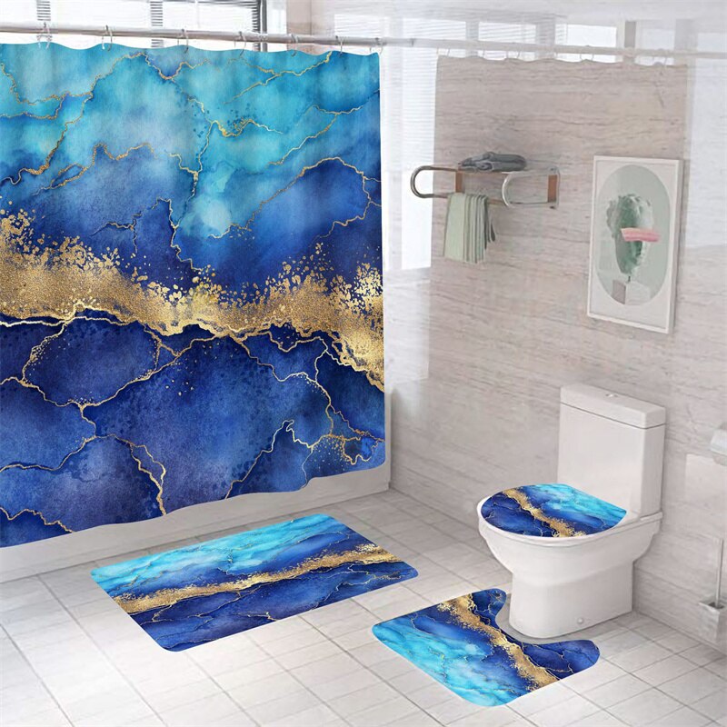 Luxury 3D Marble Shower Curtain, Rug, Toilet Set Polyester Fabric Waterproof Set