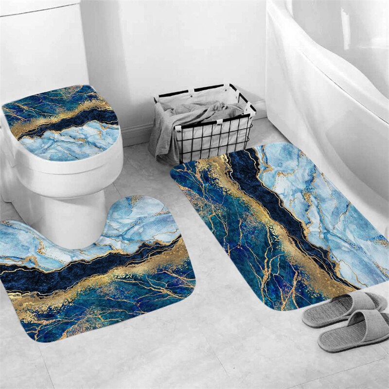 Luxury 3D Marble Shower Curtain, Rug, Toilet Set Polyester Fabric Waterproof Set