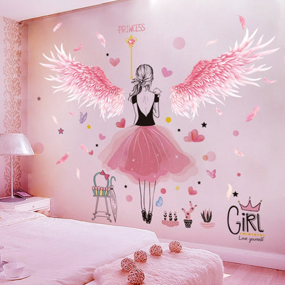 Pink Feathers Wings Wall Stickers DIY Cartoon Girl Wall Decals