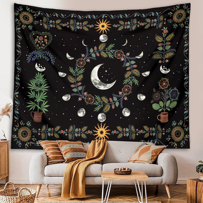 Moon Phase Tapestry Wall Hanging Botanical Celestial Floral Wall Tapestry Hippie Flower Wall Carpets Dorm Decor Starry SkyCarpet