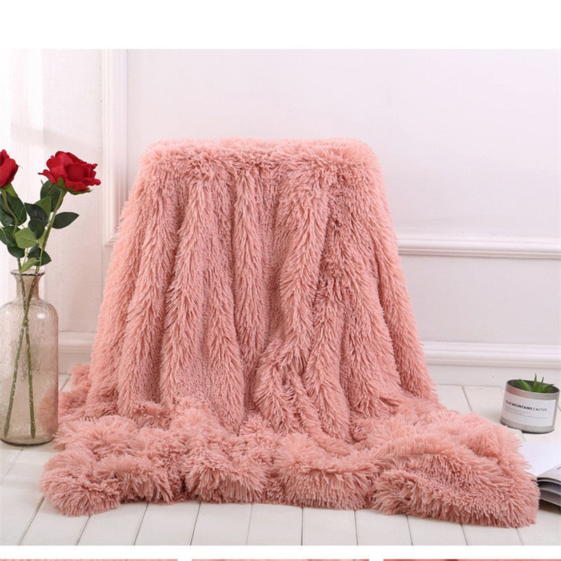 Fluffy Long Plush Throw Blanket Super Soft Double-sided Bedspread