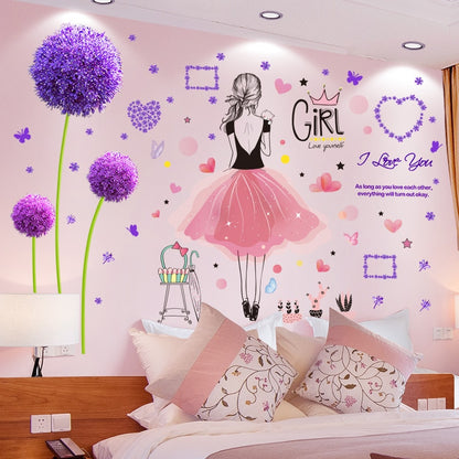 Cartoon Girl Wall Stickers DIY Dandelion Flowers Plant Mural Decal