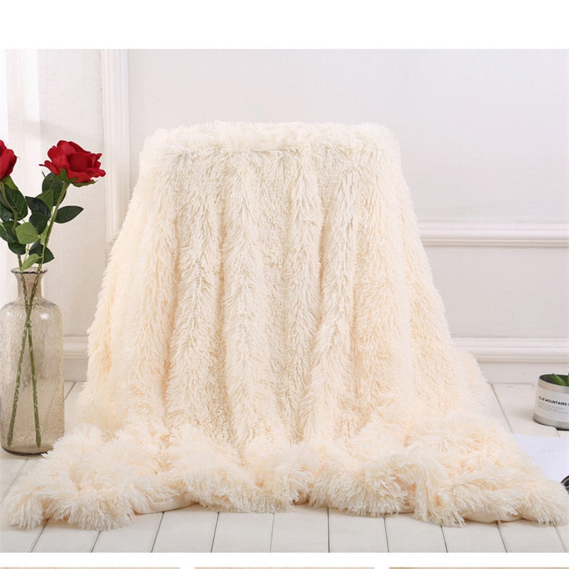 Fluffy Long Plush Throw Blanket Super Soft Double-sided Bedspread