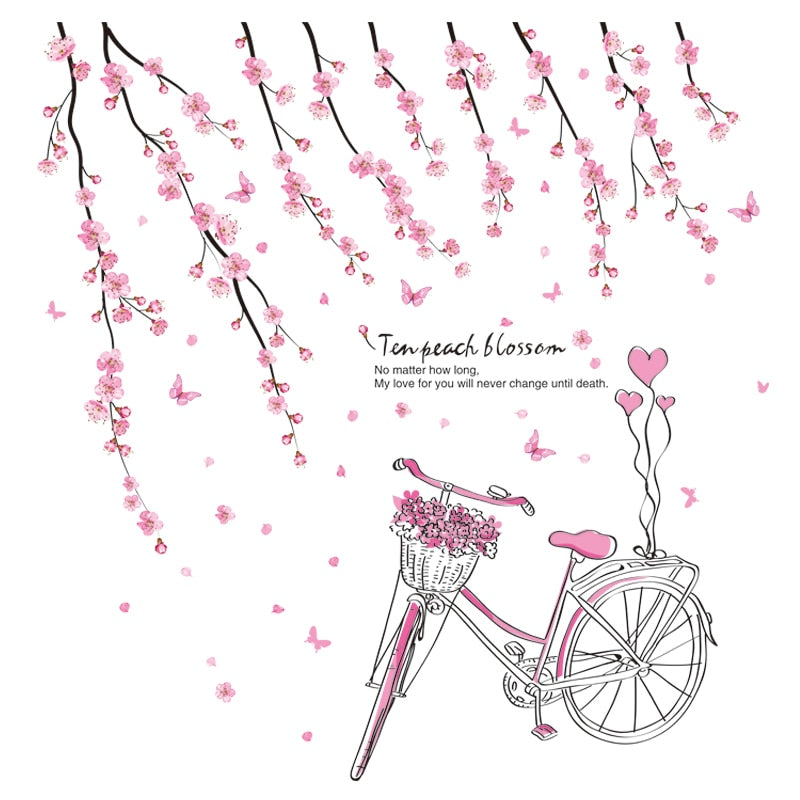 Pink Flowers Bicycle Wall Stickers DIY Cartoon Girl Mura Decal