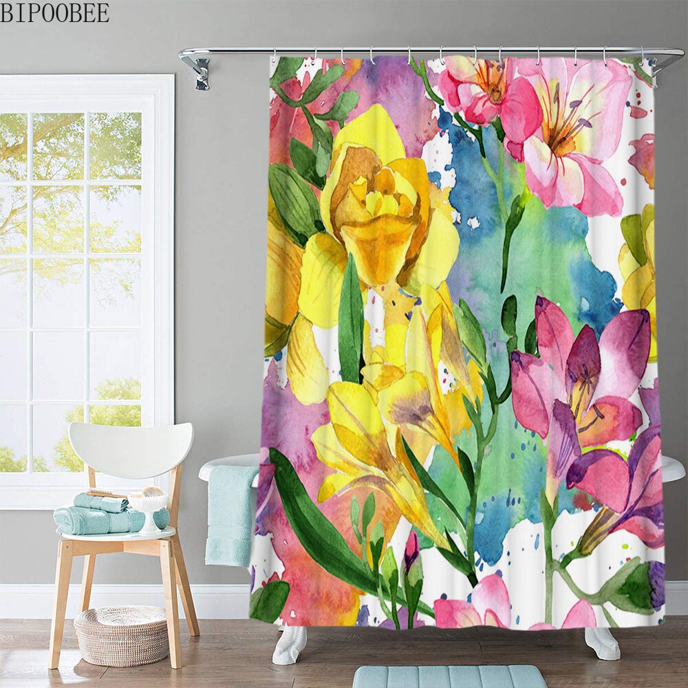 Beautiful Flowers Shower Curtain Cartoon Animal Printed with Hooks