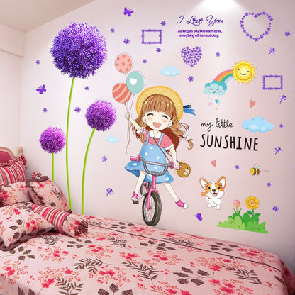 Cartoon Girl Wall Stickers DIY Dandelion Flowers Plant Mural Decal