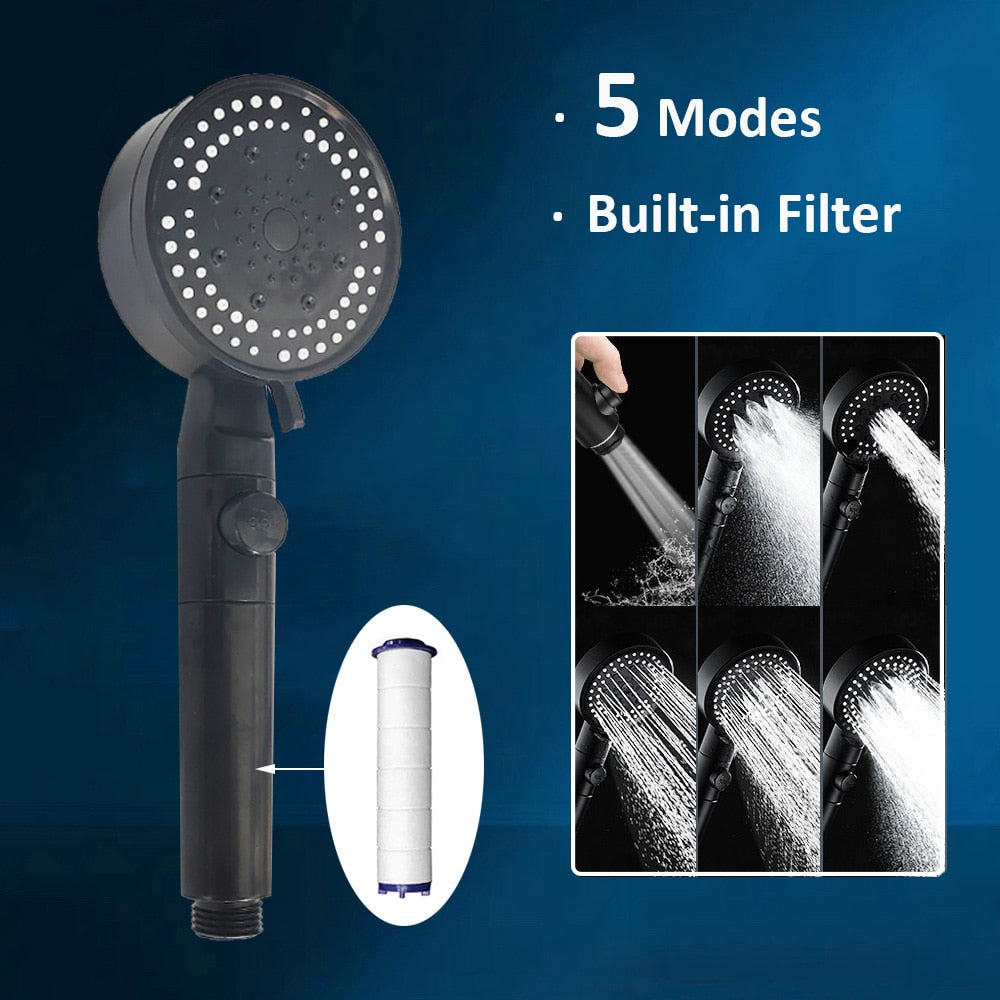 Zloog 5 Mode Bathroom Shower Set Stop Button Black High Pressure Shower Head Water Saving Filter Showerhead Bathroom Accessories