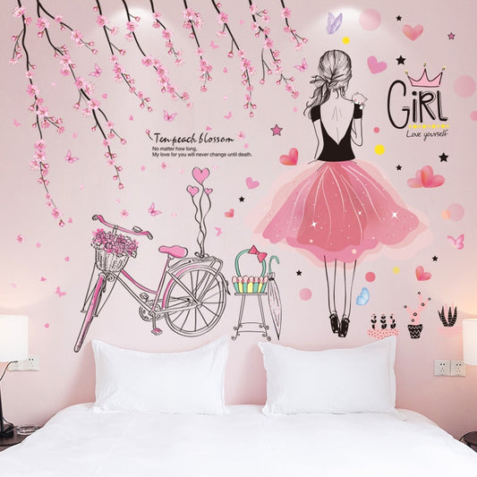 Pink Flowers Bicycle Wall Stickers DIY Cartoon Girl Mura Decal