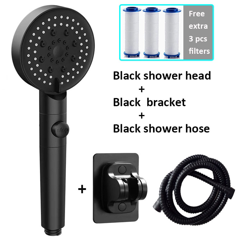 Zloog 5 Mode Bathroom Shower Set Stop Button Black High Pressure Shower Head Water Saving Filter Showerhead Bathroom Accessories