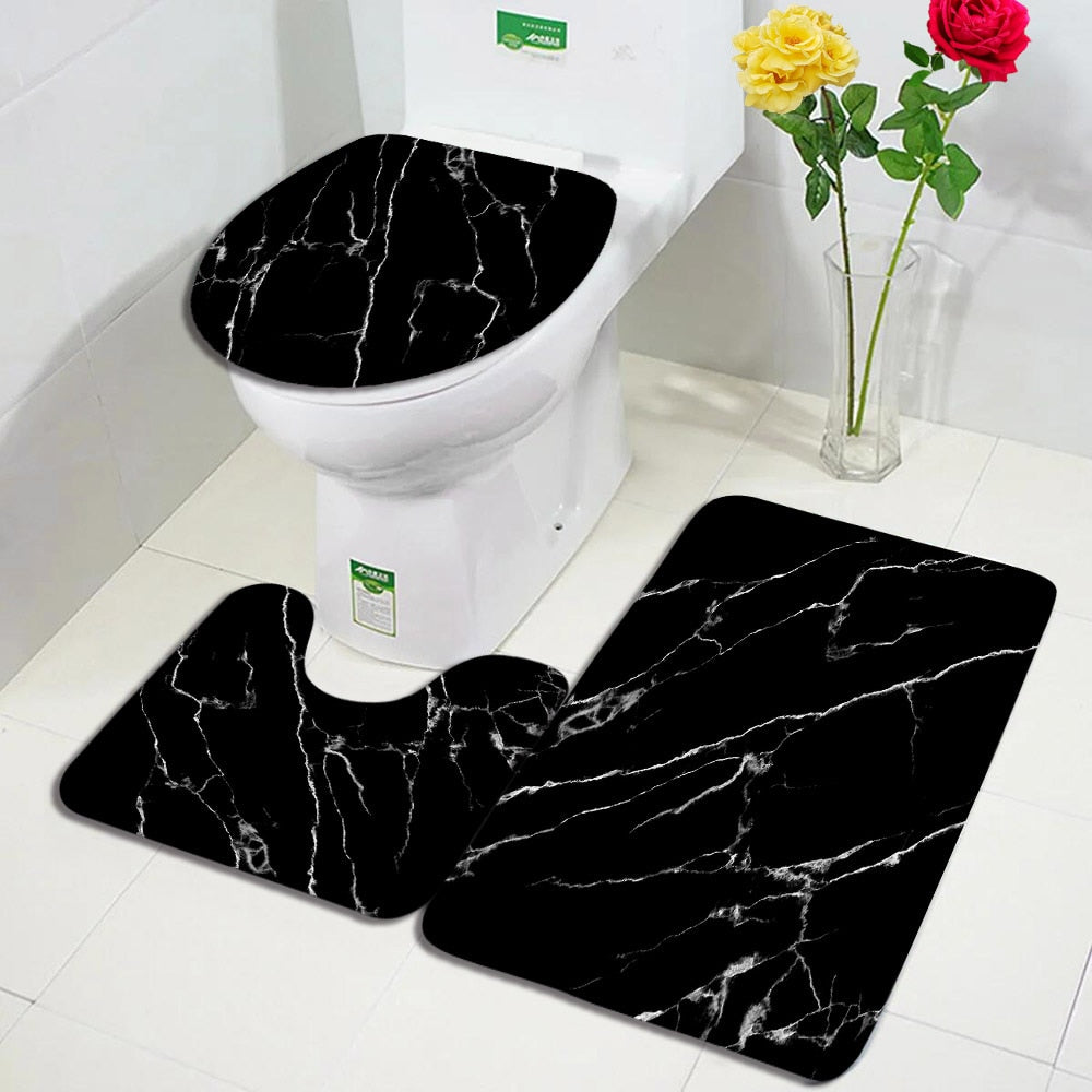 Black Marble Bath Mats 3pcs Sets Gold Grey Lines Creative Abstract Geometric Art Home Bathroom Door Rug Anti-Slip Toilet Lid Mat