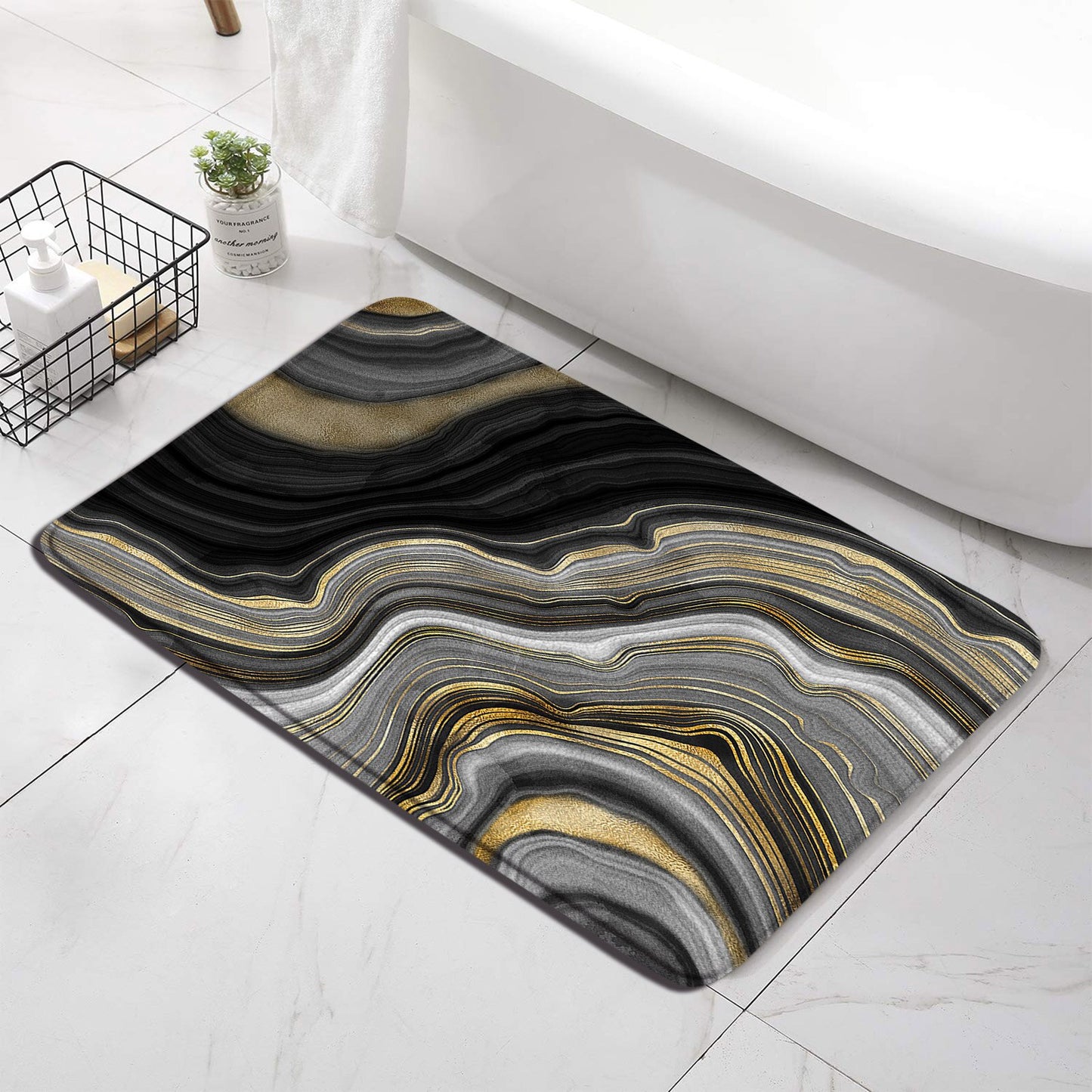 Black Marble Bath Mats 3pcs Sets Gold Grey Lines Creative Abstract Geometric Art Home Bathroom Door Rug Anti-Slip Toilet Lid Mat