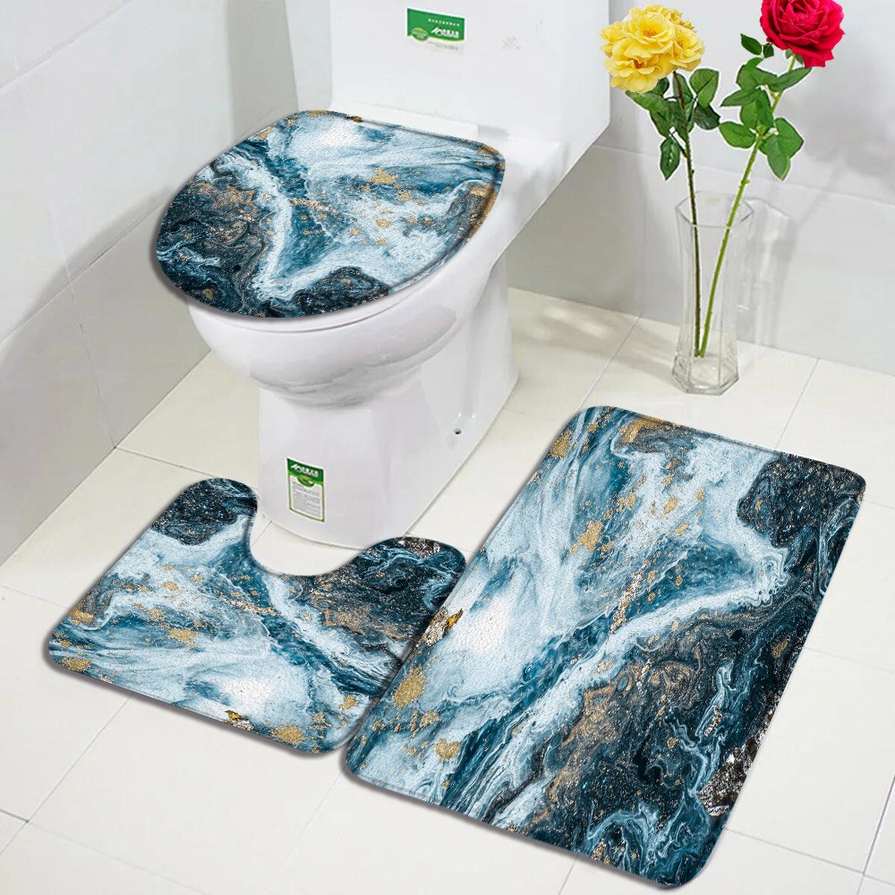 Black Marble Bath Mats 3pcs Sets Gold Grey Lines Creative Abstract Geometric Art Home Bathroom Door Rug Anti-Slip Toilet Lid Mat