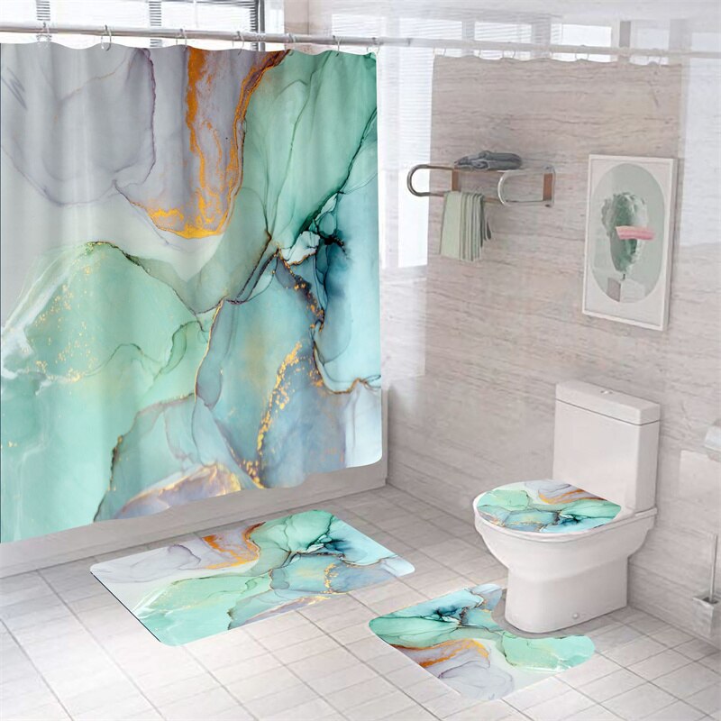 Luxury 3D Marble Shower Curtain, Rug, Toilet Set Polyester Fabric Waterproof Set