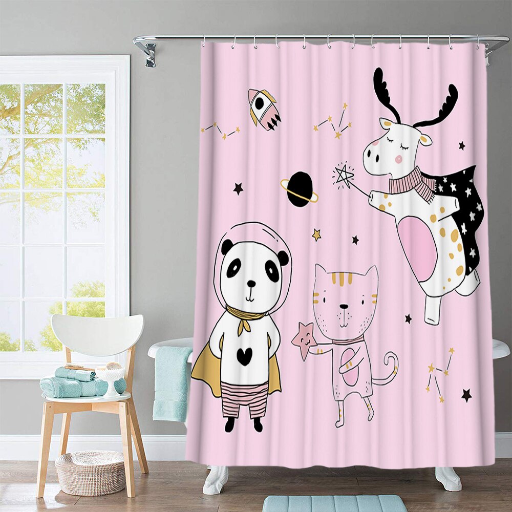 Beautiful Flowers Shower Curtain Cartoon Animal Printed with Hooks