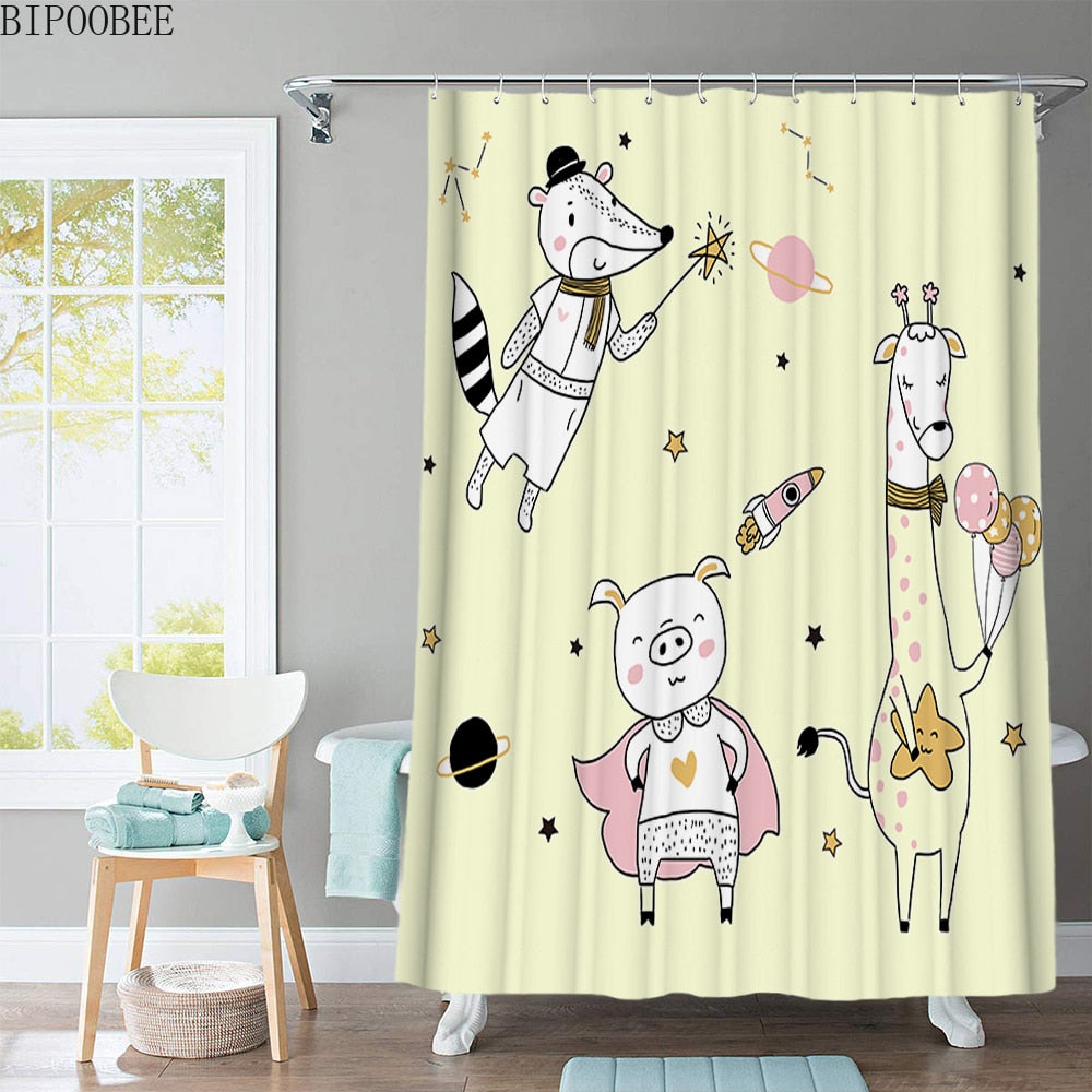 Beautiful Flowers Shower Curtain Cartoon Animal Printed with Hooks