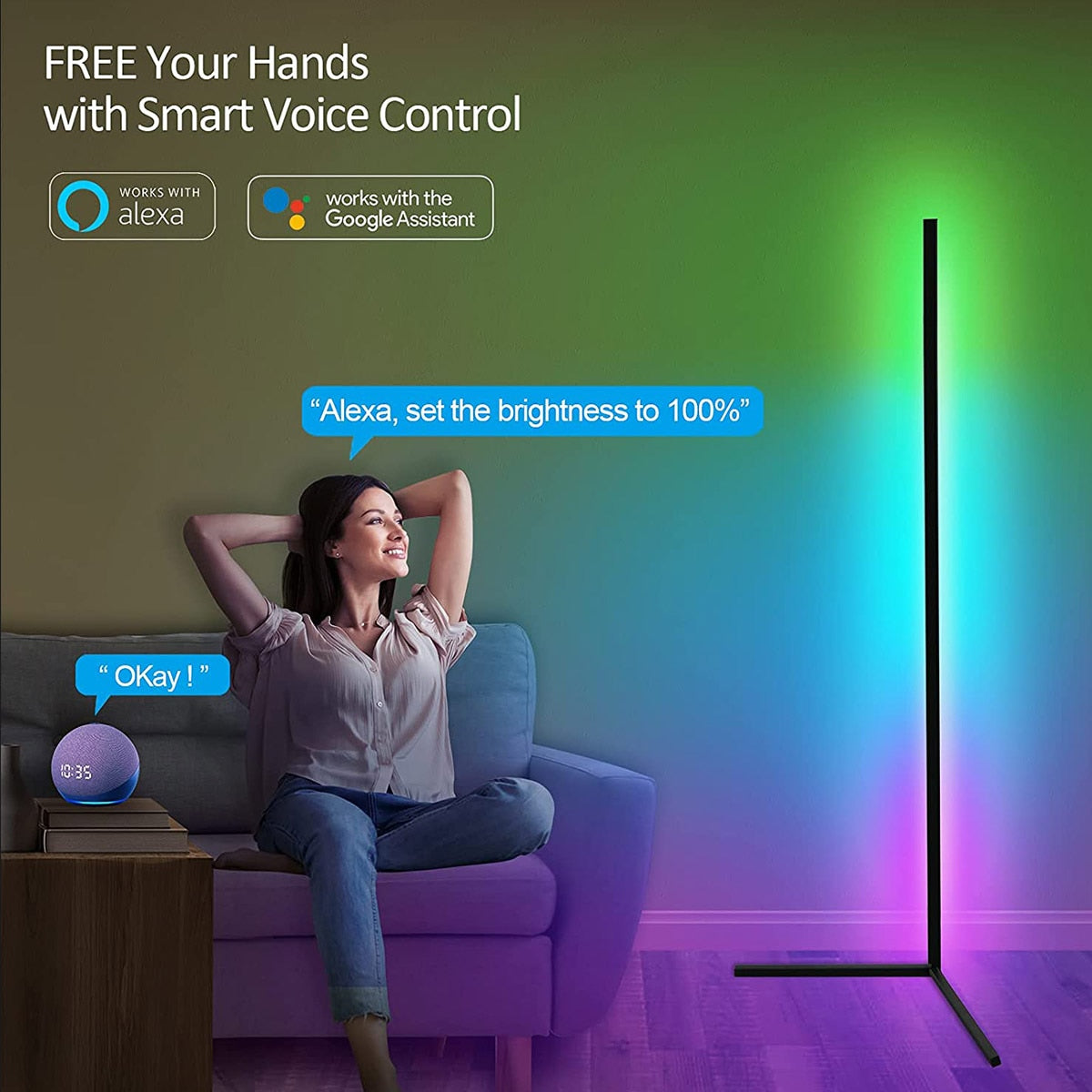 59 inch Dimmable Control Corner Floor Standing Lamps Remote LED RGB Light (Multi Size)