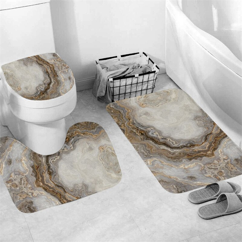 Luxury 3D Marble Shower Curtain, Rug, Toilet Set Polyester Fabric Waterproof Set