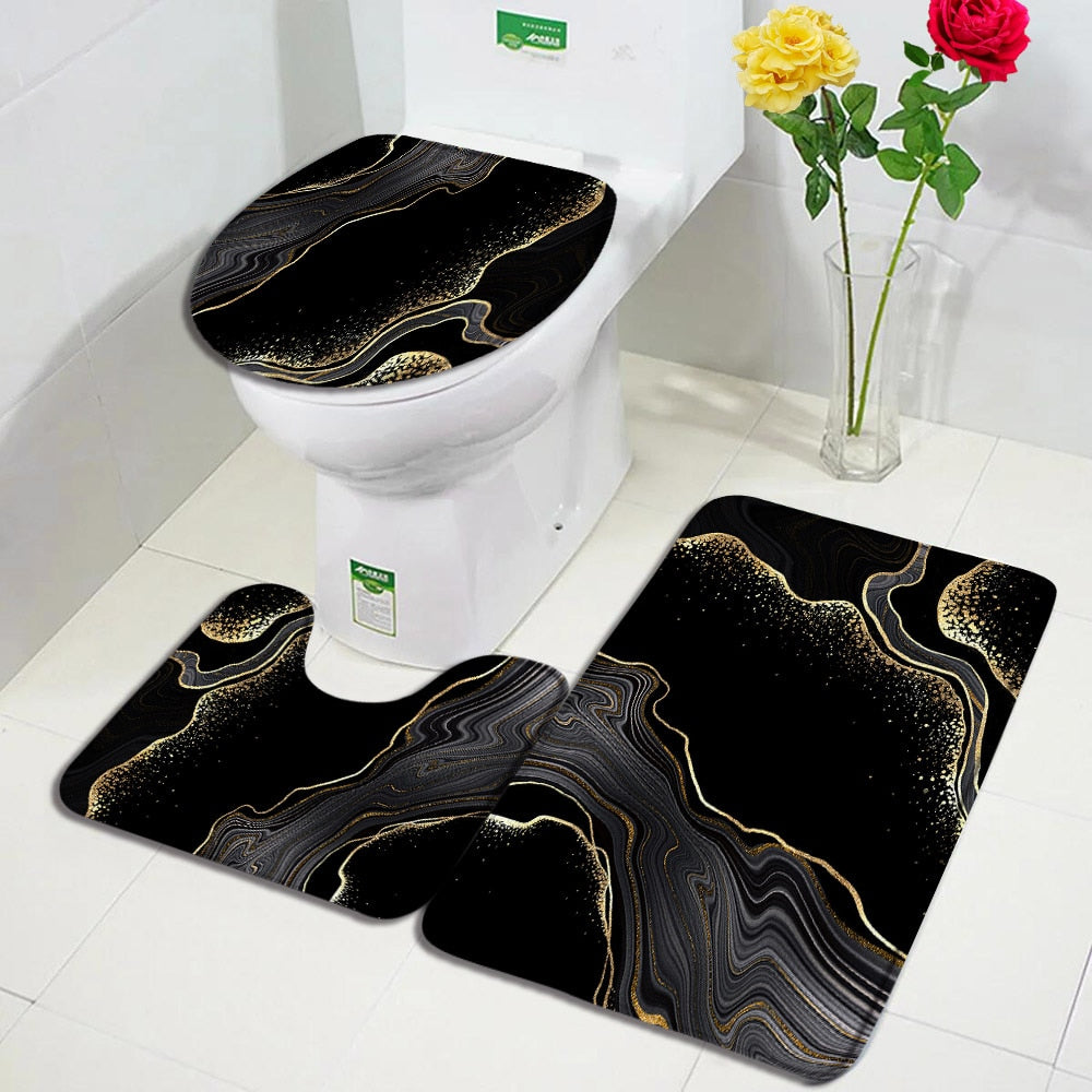 Black Marble Bath Mats 3pcs Sets Gold Grey Lines Creative Abstract Geometric Art Home Bathroom Door Rug Anti-Slip Toilet Lid Mat