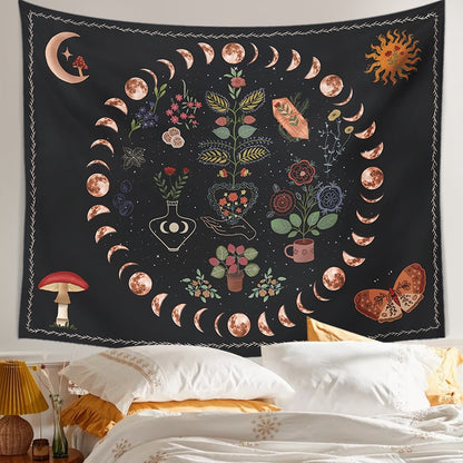 Moon Phase Tapestry Wall Hanging Botanical Celestial Floral Wall Tapestry Hippie Flower Wall Carpets Dorm Decor Starry SkyCarpet