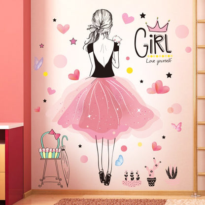 Pink Feathers Wings Wall Stickers DIY Cartoon Girl Wall Decals